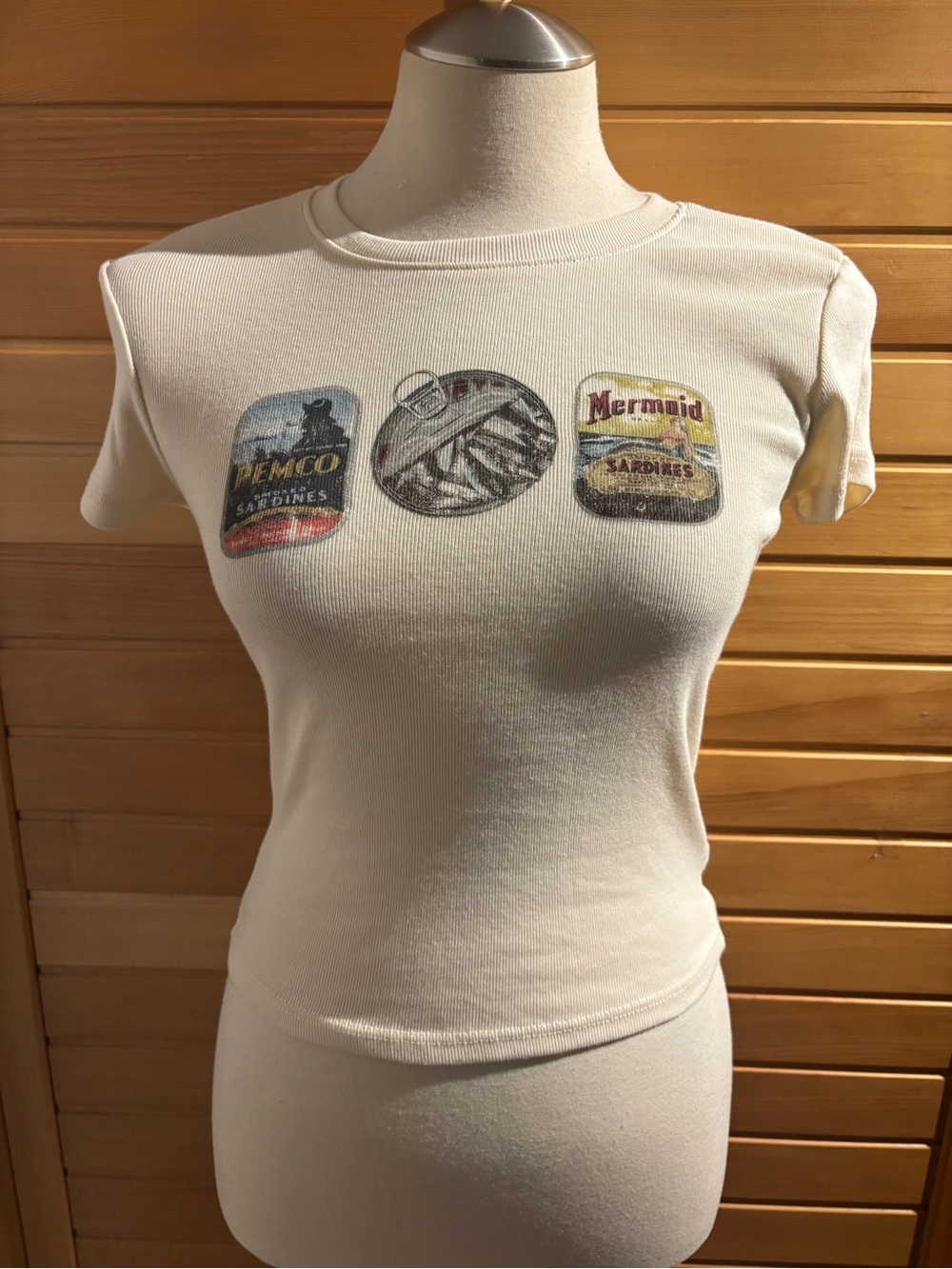BNWT by Full Tilt Cream Short-Sleeve Tee with Retro Sardine Can Graphics